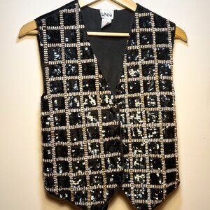 Vintage Theo Black Sequin Beaded Vest L/XL 80s 90s Glam